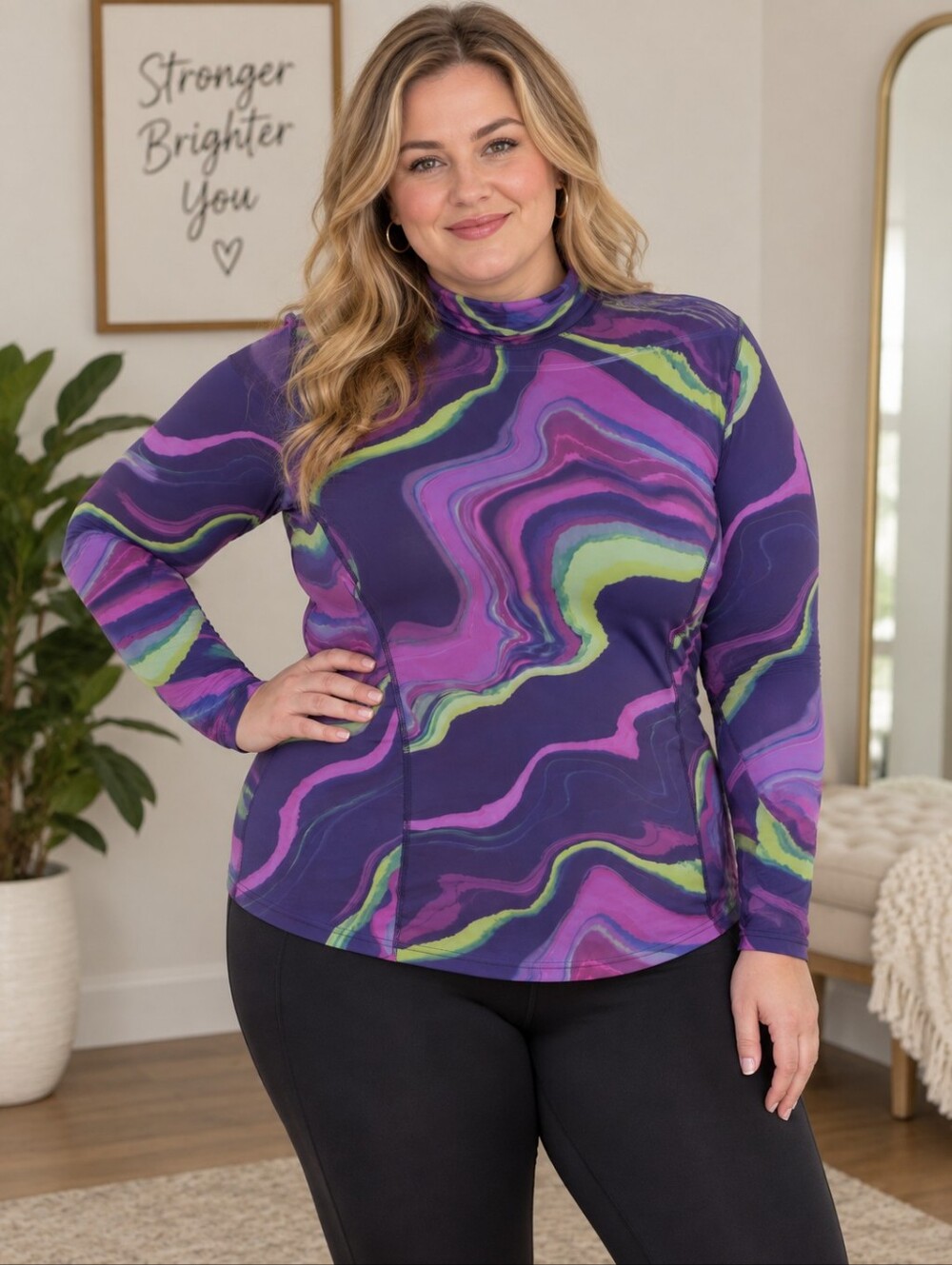 Fabletics Purple Swirl Mock Neck Long Sheer Sleeve Top with Lime Accents